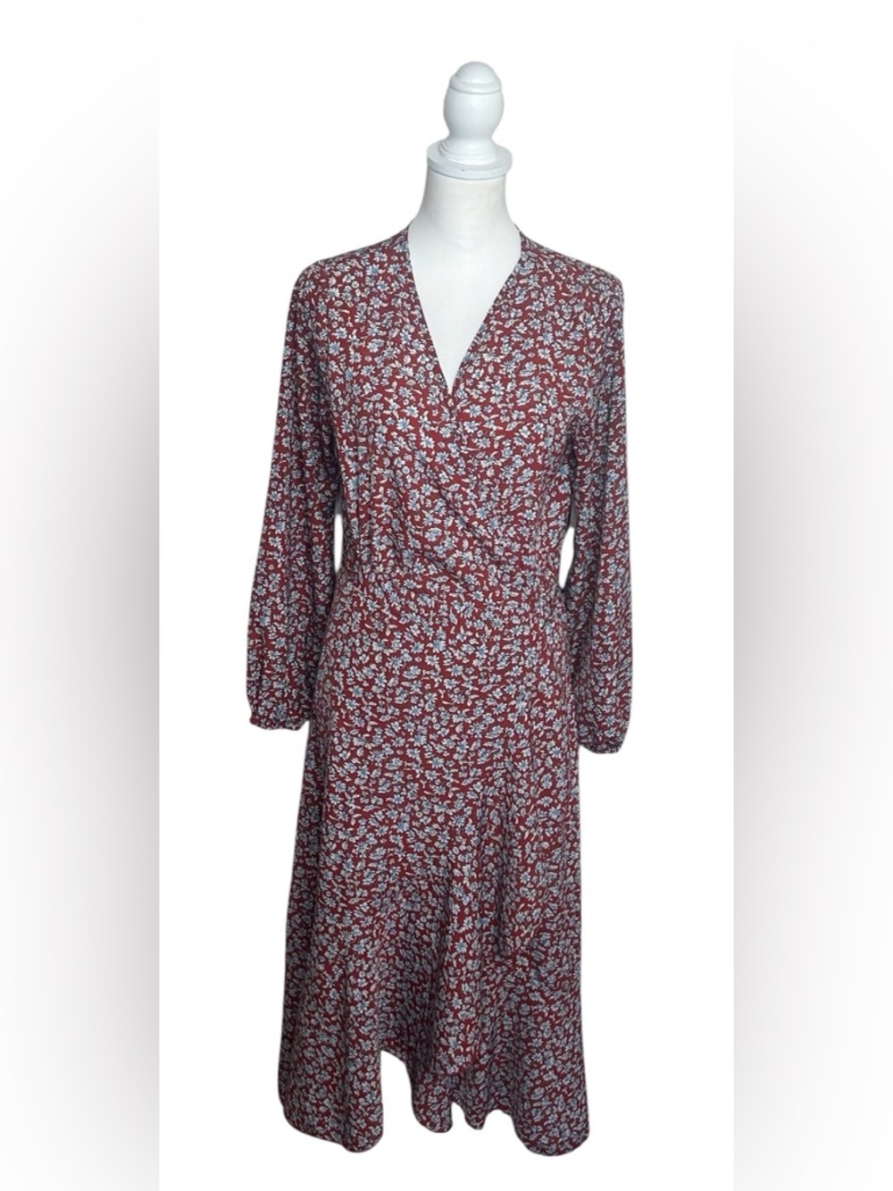 Pretty Garden EUC Floral Wrap Midi Dress Sz S Rust Blue Boho Wedding Guest Flowy - Picture 2 of 9